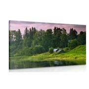 CANVAS PRINT FAIRYTALE COTTAGES BY THE RIVER - PICTURES OF NATURE AND LANDSCAPE - PICTURES