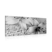 Canvas print lily on an old document in black and white