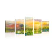 QUADRO IN 5 PARTI PITTURA AD OLIO DI FIORI DI CAMPO - QUADRI DI NATURA E PAESAGGIO - QUADRI