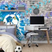 WALLPAPER BLUE SOCCER BALL ON A BRICK WALL - WALLPAPERS STREET ART - WALLPAPERS