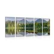 5 part picture of a beautiful panorama of mountains by the lake