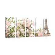 5-teiliges Wandbild Eiffelturm und rosa Blumen