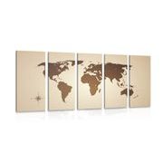5 part picture map of the world in shades of brown