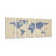 5-dílný obraz mapa světa s kompasem v retro stylu