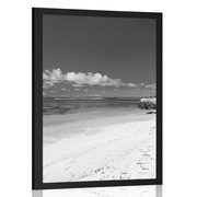 Plakat plaža Anse Source u crno-bijelom dizajnu