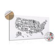 Picture on cork educational map of USA with individual states in inverse form