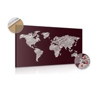 Picture on cork hatched world map on burgundy background