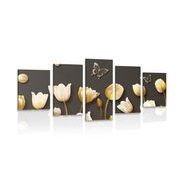 5-piece Canvas print tulips with a gold theme