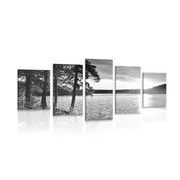 5-PIECE CANVAS PRINT SUNSET OVER THE LAKE IN BLACK AND WHITE - BLACK AND WHITE PICTURES - PICTURES