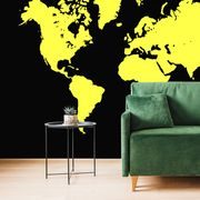Tapete Gelbe Weltkarte auf schwarzem Hintergrund
