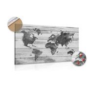 Decorative pinboard black and white map outline on a wooden base
