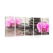 5-delna slika orhideja in Zen kamni na leseni podlagi