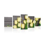 Quadro in 5 parti tulipani gialli affascinanti su sfondo di legno