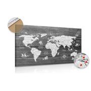 DECORATIVE PINBOARD BLACK AND WHITE MAP ON WOOD - PICTURES ON CORK - PICTURES