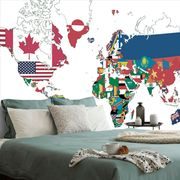 Tapete Weltkarte mit Flaggen auf weißem Hintergrund