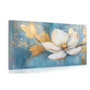 WANDBILD WEISSE BLUME MIT GOLDENEN BLÄTTERN - BILDER BLUMEN - BILDER