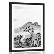 Plakat s paspartujem tradicionalna kitajska umetniška slika pokrajine v črnobeli varianti