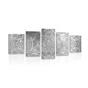 5-PIECE CANVAS PRINT INDIAN MANDALA WITH A GALACTIC BACKGROUND IN BLACK AND WHITE - BLACK AND WHITE PICTURES - PICTURES