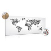 Picture of a cork world map consisting of people in black & white