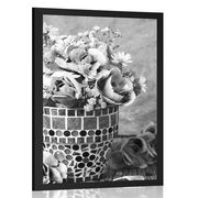 AFFICHE FLEURS D'OEILLETS DANS UN POT EN MOSAÏQUE EN NOIR ET BLANC - NOIR ET BLANC - AFFICHES