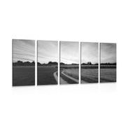 5 part picture of the setting sun over the landscape in black & white