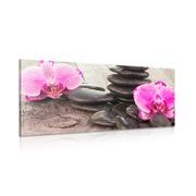 Quadri di orchidea e pietre Zen su sfondo in legno