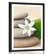 POSTER WITH MOUNT WHITE FLOWER AND STONES IN THE SAND - FENG SHUI - POSTERS