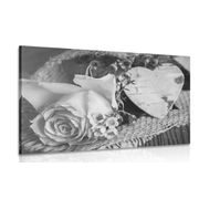 WANDBILD ROSE UND HERZ IN JUTE IN SCHWARZ-WEISS - SCHWARZ-WEISSE BILDER - BILDER