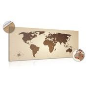 DECORATIVE PINBOARD WORLD MAP IN SHADES OF BROWN - PICTURES ON CORK - PICTURES