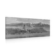 CANVAS PRINT CHURCH BY LAKE BLED IN SLOVENIA IN BLACK AND WHITE - BLACK AND WHITE PICTURES - PICTURES