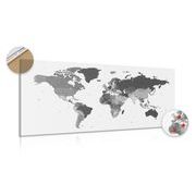 Tablou pe plută harta detaliată a lumii în design alb-negru