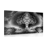 Picture of ravens and tree of life in black & white