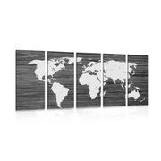 5-dílný obraz mapa světa na dřevě v černobílém provedení