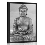 Plagát socha Budhu v meditujúcej polohe v čiernobielom prevedení