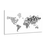 Tablou harta lumii făcută din inscripții în design alb-negru