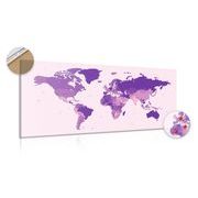 DECORATIVE PINBOARD DETAILED MAP OF THE WORLD IN PURPLE - PICTURES ON CORK - PICTURES
