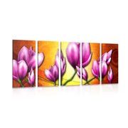 5-piece Canvas print pink flowers in ethnic style