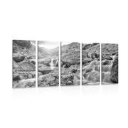 5 part picture alpine waterfalls in black & white