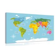 CANVAS PRINT WORLD MAP WITH A DESCRIPTION OF EACH CONTINENT - PICTURES OF MAPS - PICTURES