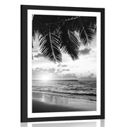 Plakat s paspartujem sončni zahod na karibski plaži v črnobeli varianti
