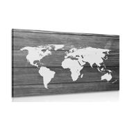 CANVAS PRINT BLACK AND WHITE WORLD MAP WITH A WOODEN BACKGROUND - PICTURES OF MAPS - PICTURES