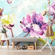 WALLPAPER PAINTED PURPLE AND YELLOW FLOWERS - WALLPAPERS FLOWERS - WALLPAPERS