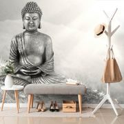 WALLPAPER BLACK AND WHITE BUDDHA IN A MEDITATING POSITION - BLACK AND WHITE WALLPAPERS - WALLPAPERS