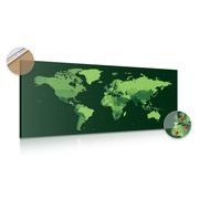 DECORATIVE PINBOARD DETAILED MAP OF THE WORLD IN GREEN - PICTURES ON CORK - PICTURES