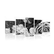 5-dílný obraz kytice růží v retro stylu v černobílém provedení