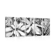 5-dílný obraz rozkvetlý akvarelový strom v černobílém provedení