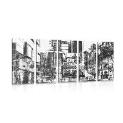 5-dílný obraz abstraktní panoráma města v černobílém provedení