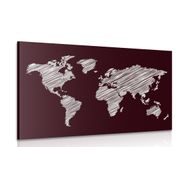 CANVAS PRINT HATCHED MAP OF THE WORLD ON A BURGUNDY BACKGROUND - PICTURES OF MAPS - PICTURES
