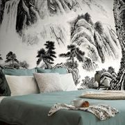 Tapet pictură de peisaj chinezesc în alb-negru