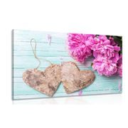 CANVAS PRINT PEONIES AND BIRCH HEARTS - VINTAGE AND RETRO PICTURES - PICTURES